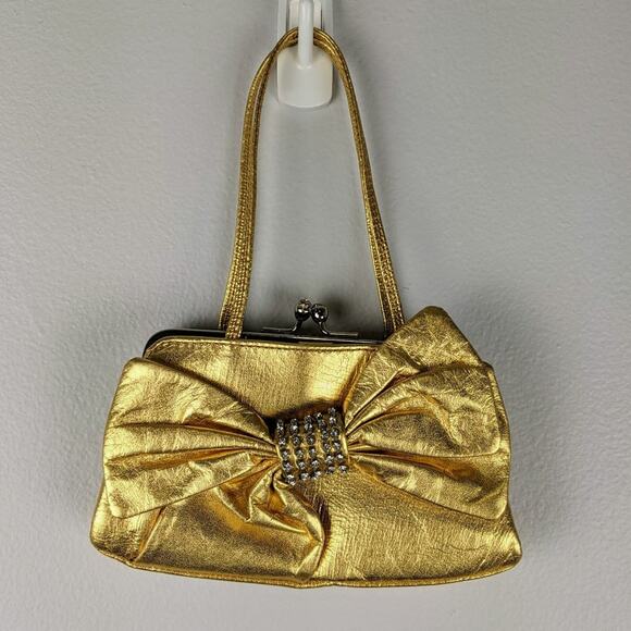 Bebe Gold Leather Mini Bag Rhinestones and Bow - Picture 1 of 9